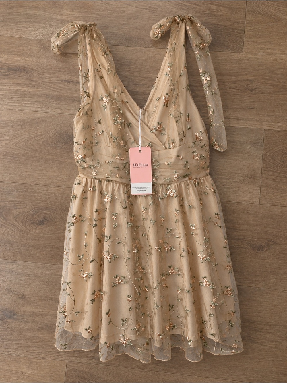 NWT JJ’s House Floral Embroidered Mini Dress M Tan Champagne Tie Shoulder
